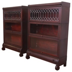 Antique Arts & Crafts Mahogany Barrister Bookcases with Leaded Glass, Pair