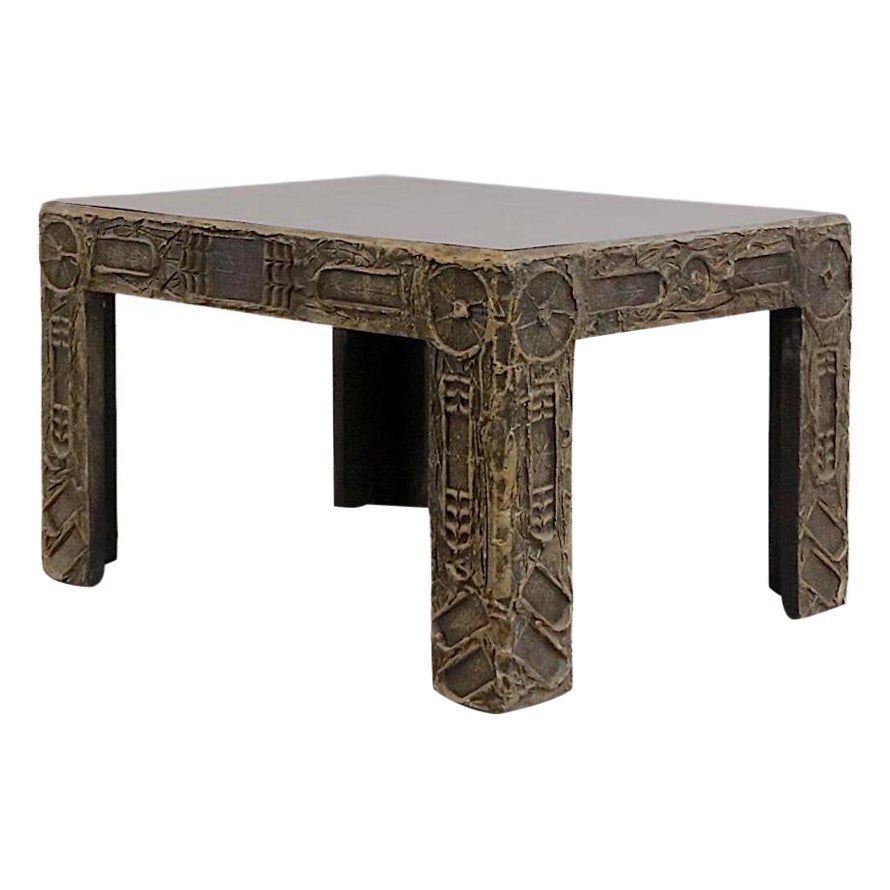 Adrian Pearsall Brutalist Side Table w/ Black Top & Cast Resin Decorative Relief