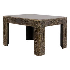 Vintage Adrian Pearsall Brutalist Side Table w/ Black Top & Cast Resin Decorative Relief