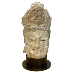 18th Century or Older, Carved & Polychromed Wood Head of Bodhisattva Guanyin