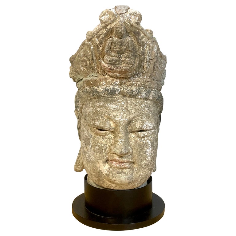 Ming Dynasty Polychromed Clay & Stucco Head of Bodhisattva Guanyin For Sale