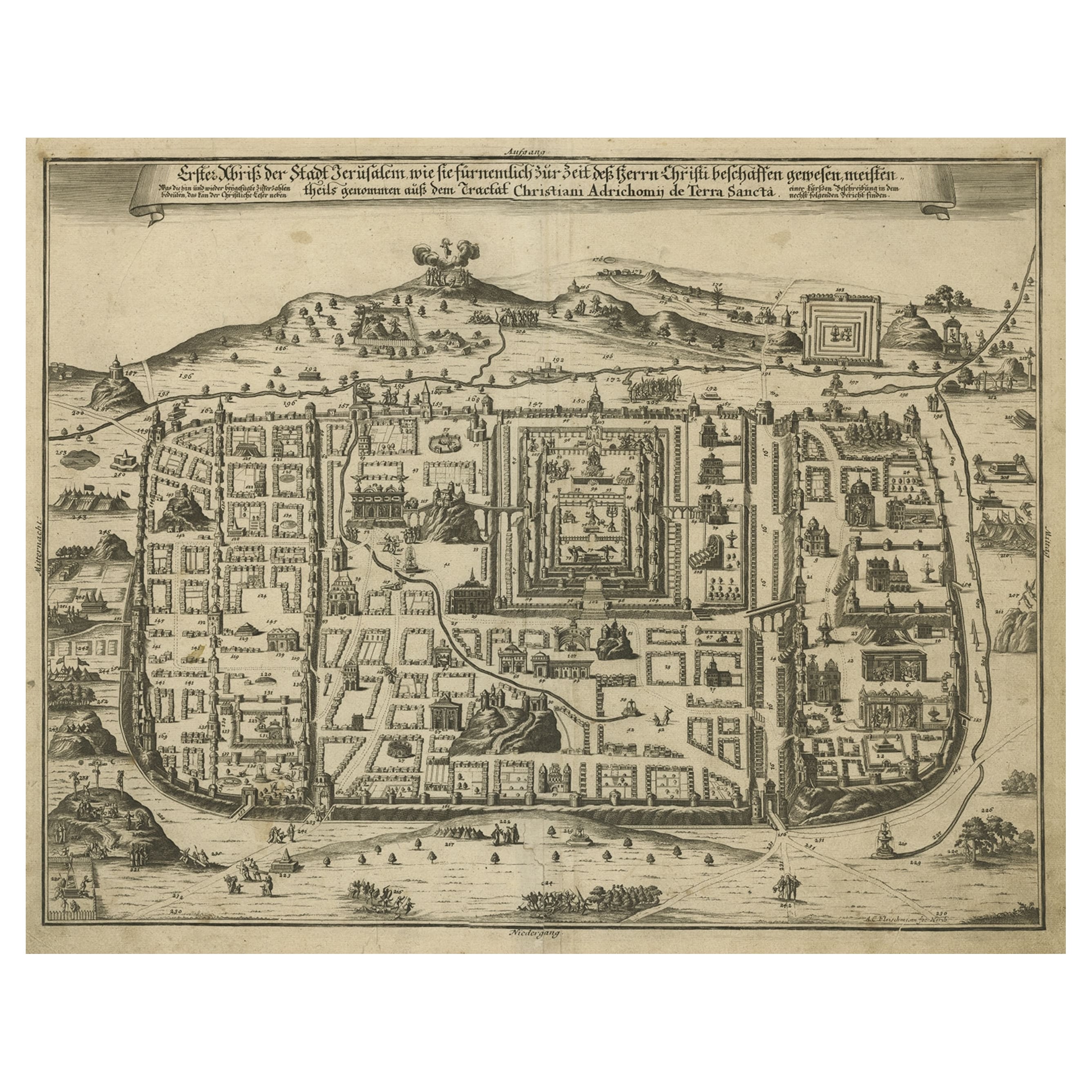 Spektakuläre antike Originalgravur eines Stadtplans von Jerusalem, 1708