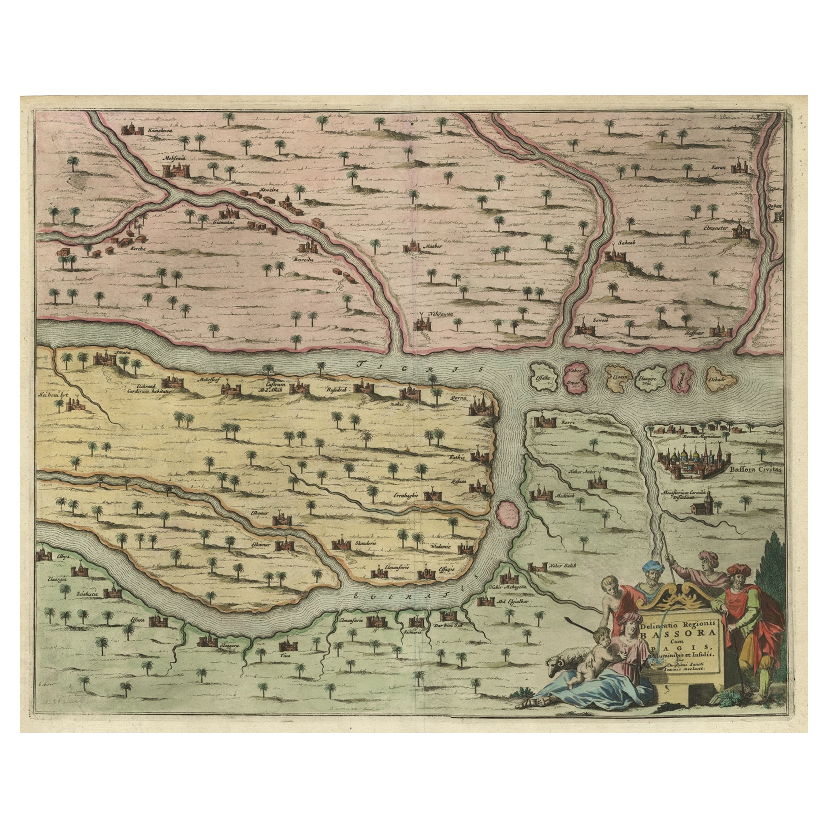 Rare Hand-Colored Antique Map of the Bassora 'Basra' Region in Iraq, 1680 For Sale