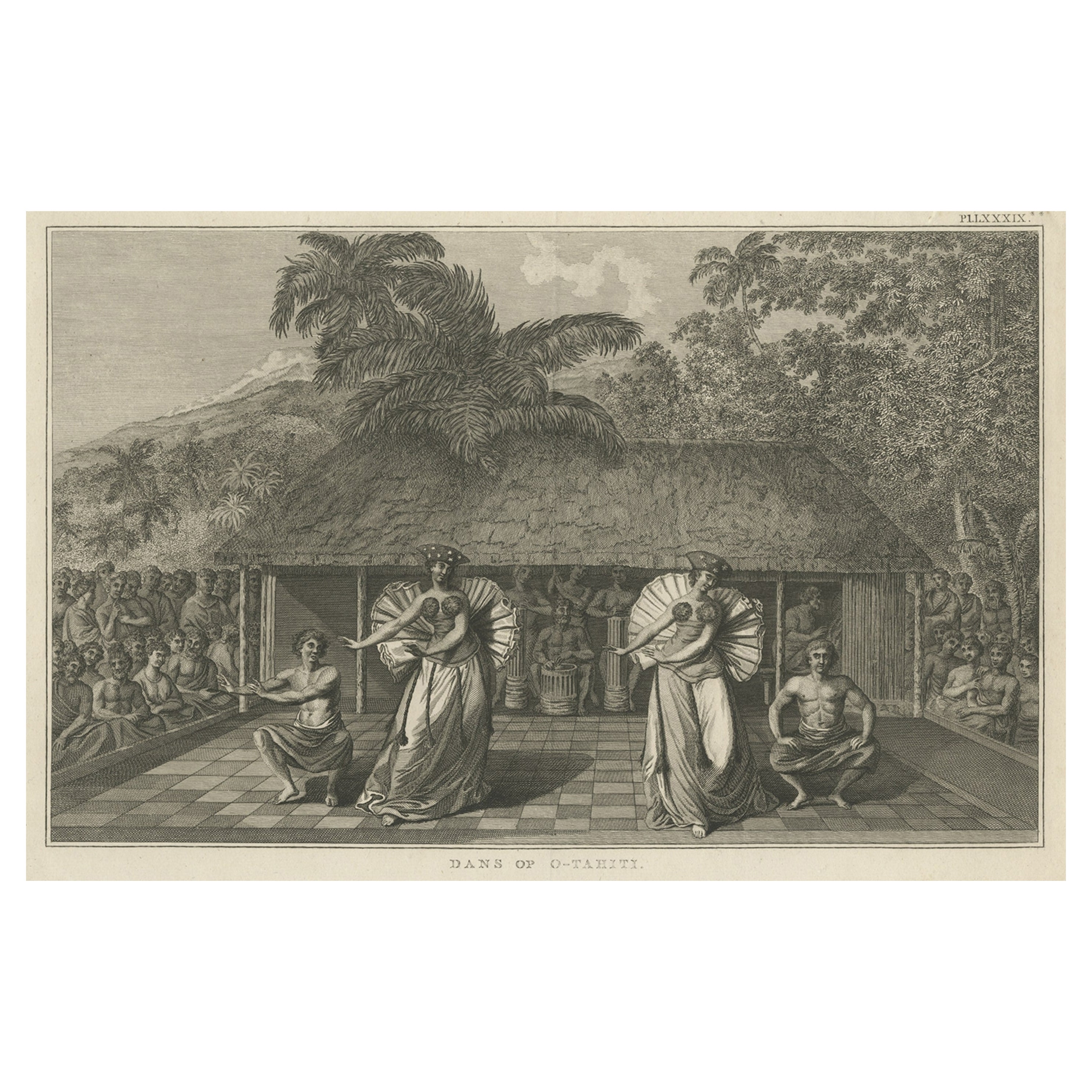 Incisione antica su lastra di rame raffigurante i nativi di Tahiti che ballano, 1803