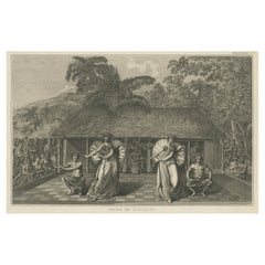 Gravure ancienne sur cuivre représentant des autochtones de Tahiti dansant, 1803