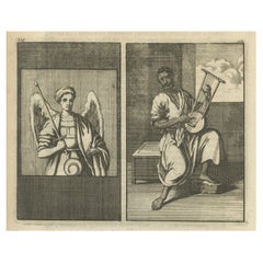 Antique Engraving of Archangel Michael and an Arab Moor Playing Instrument, 1698