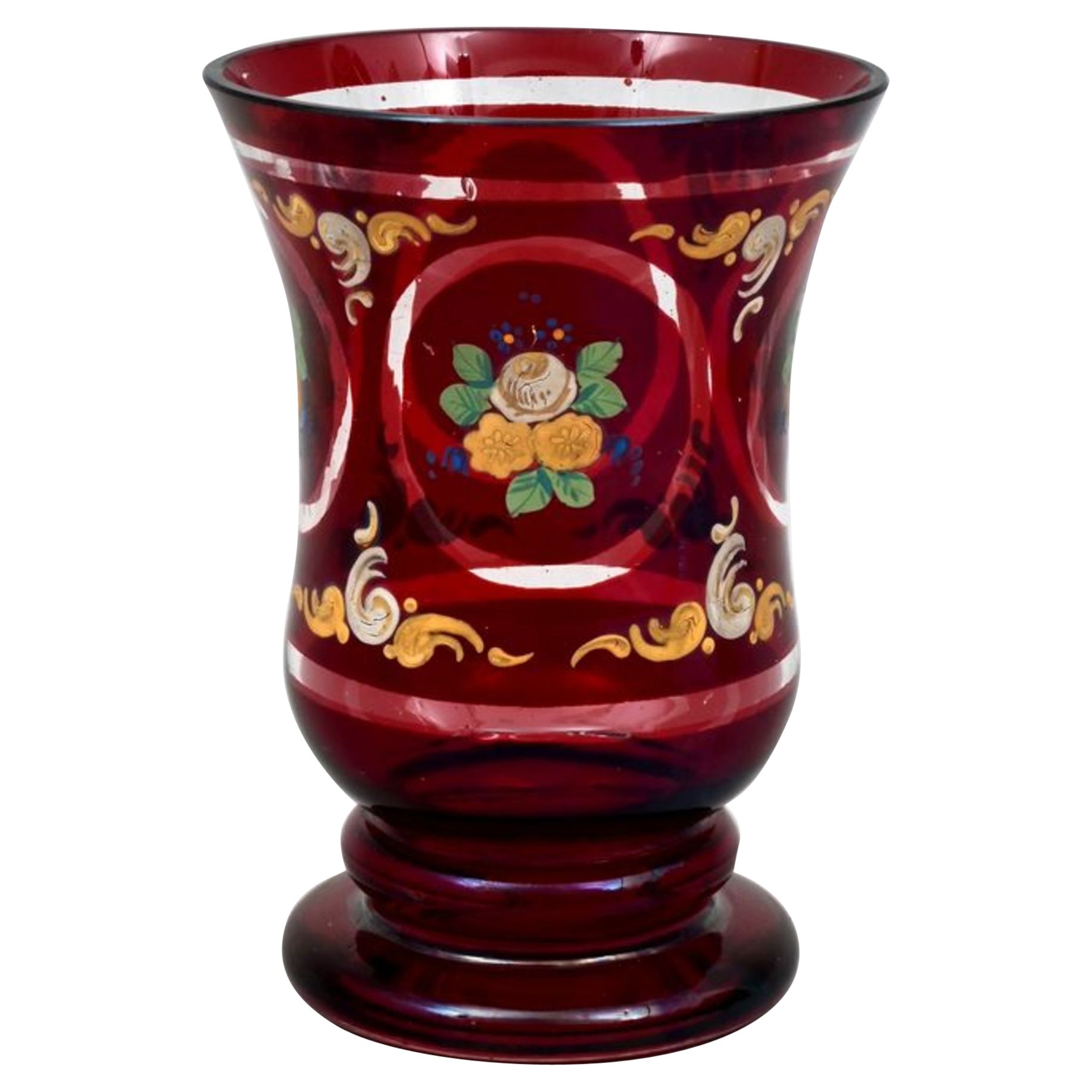 Glass Beaker, Ruby Red Colored with Enamel Paint, Bohemia, Mid 19th Century For Sale