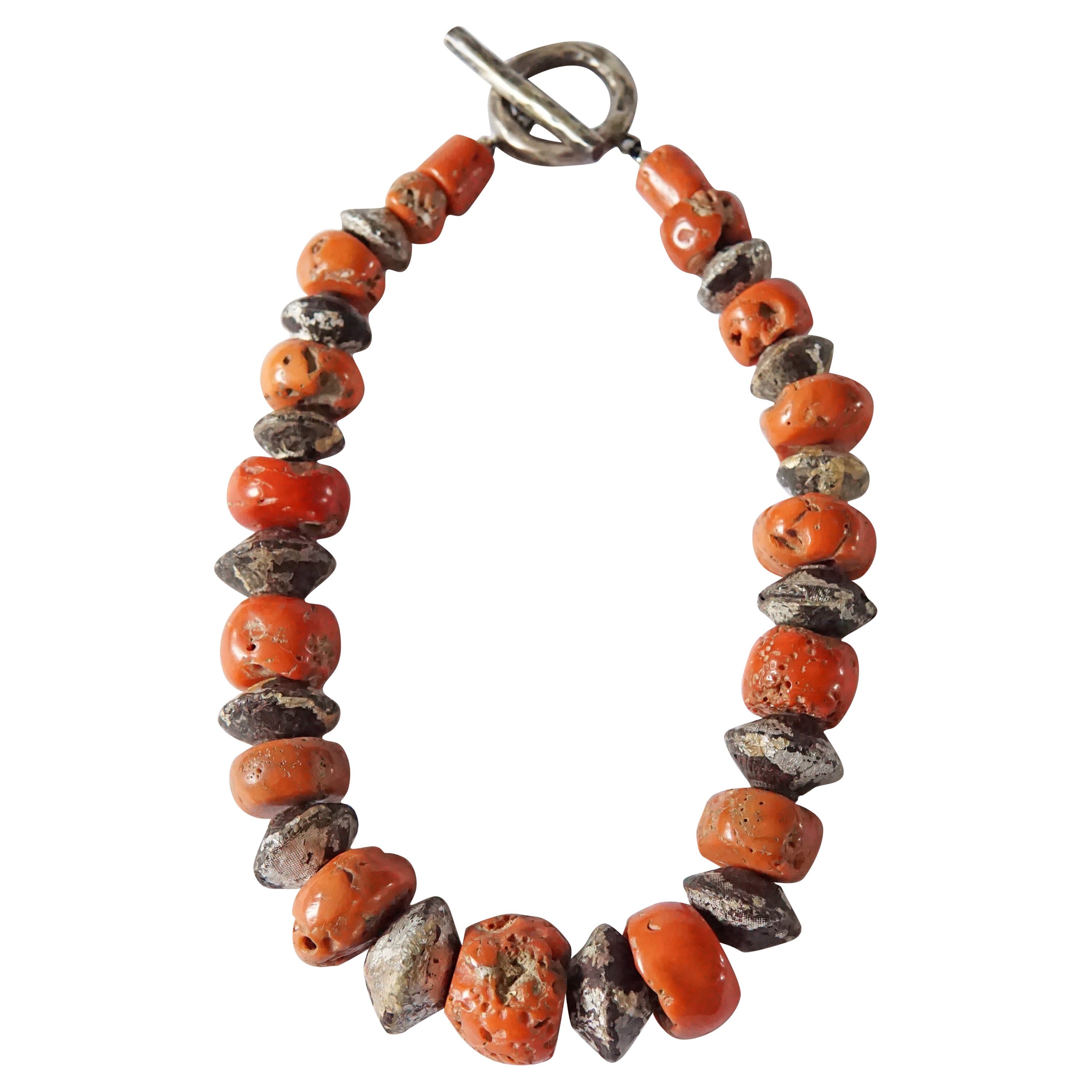 Tibetan Coral Necklace with Silver Painted Wooden Beads c. 1900  For Sale