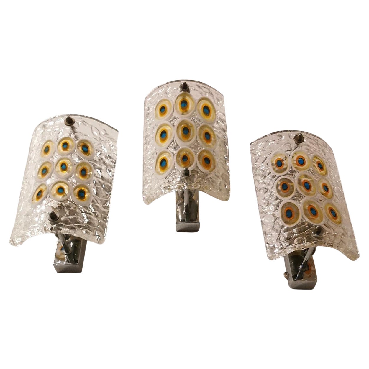 Wall Lights Sconces Murano Glass Brass Nickel-Plated Midcentury 1960s Set of 3