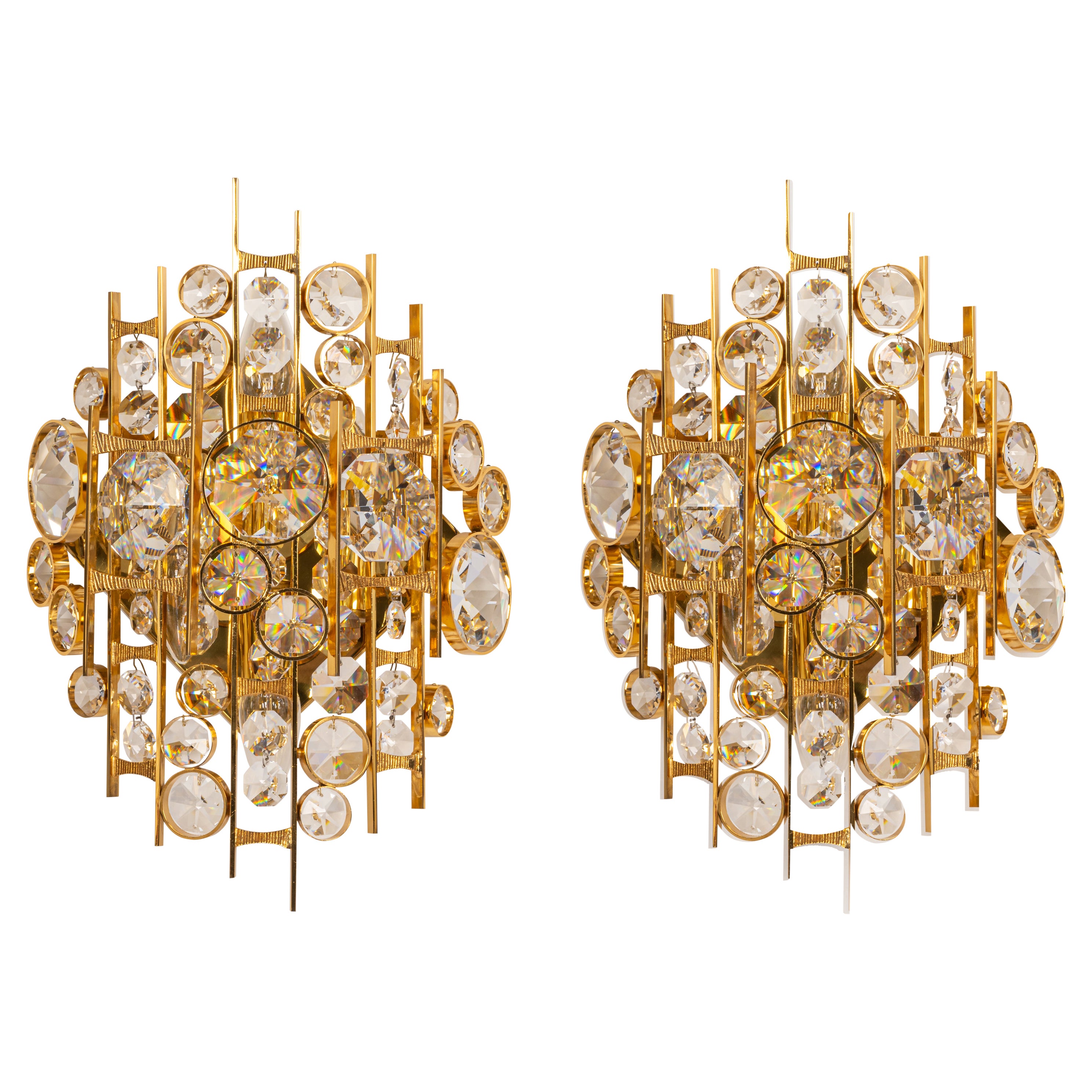Pair of Gilded Brass and Crystal Sconce, Sciolari Design, Palwa, Germany, 1960s