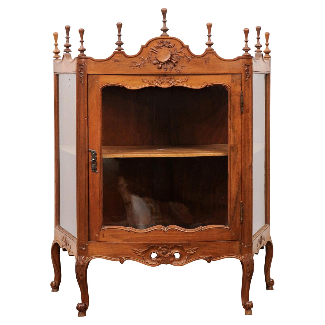 French Louis XV Style Walnut Display Cabinet with Carved Musical Instruments For Sale