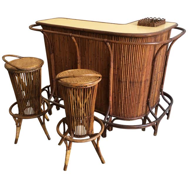 Mid-Century Modern French Riviera Bamboo Bar with Stools, 1960s at ...