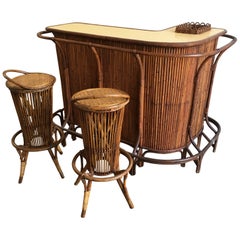 Vintage Mid-Century Modern French Riviera Bamboo Bar with Stools, 1960s