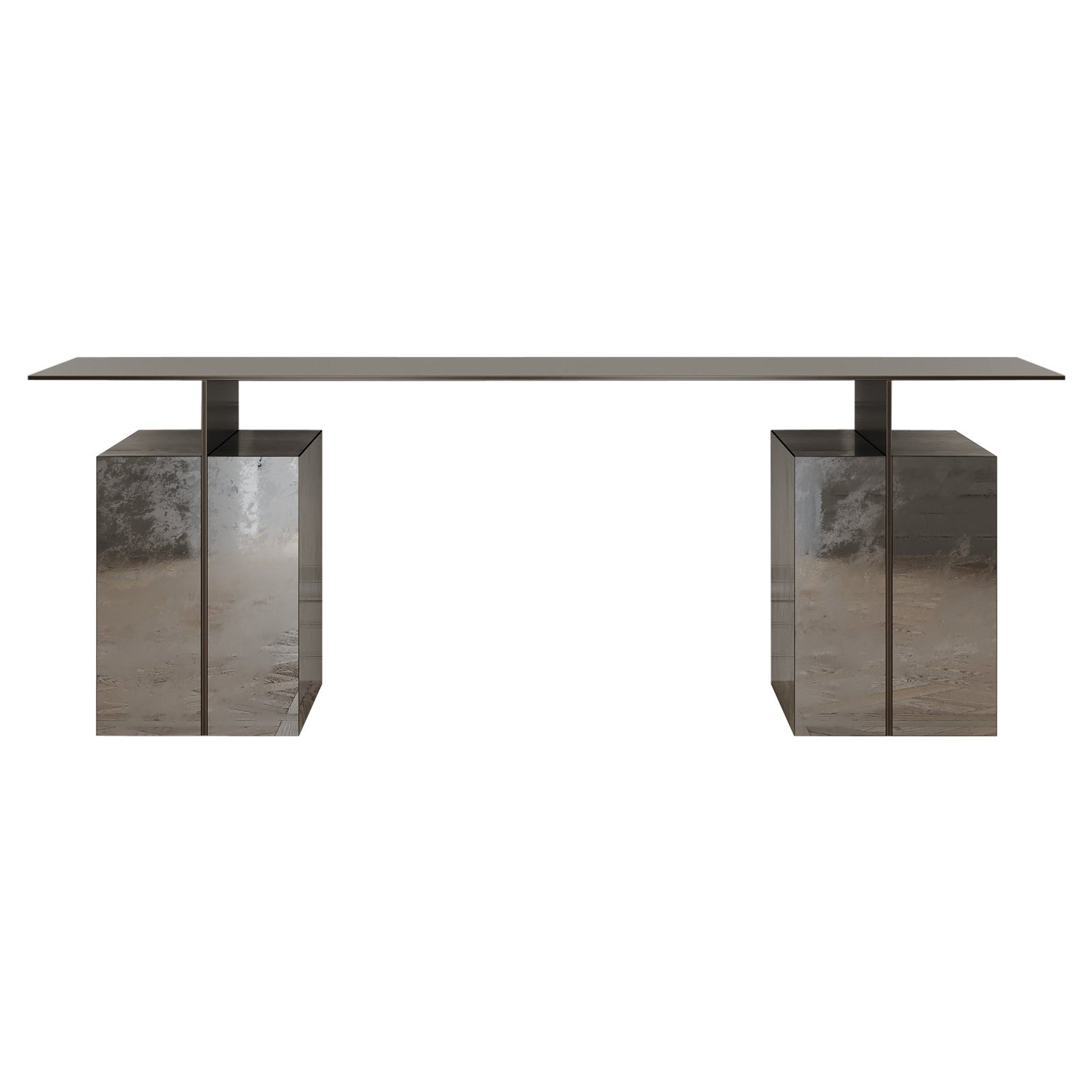 Meridiem Desk of Antiqued Mirror and Patinated Steel, Made in Italy For Sale