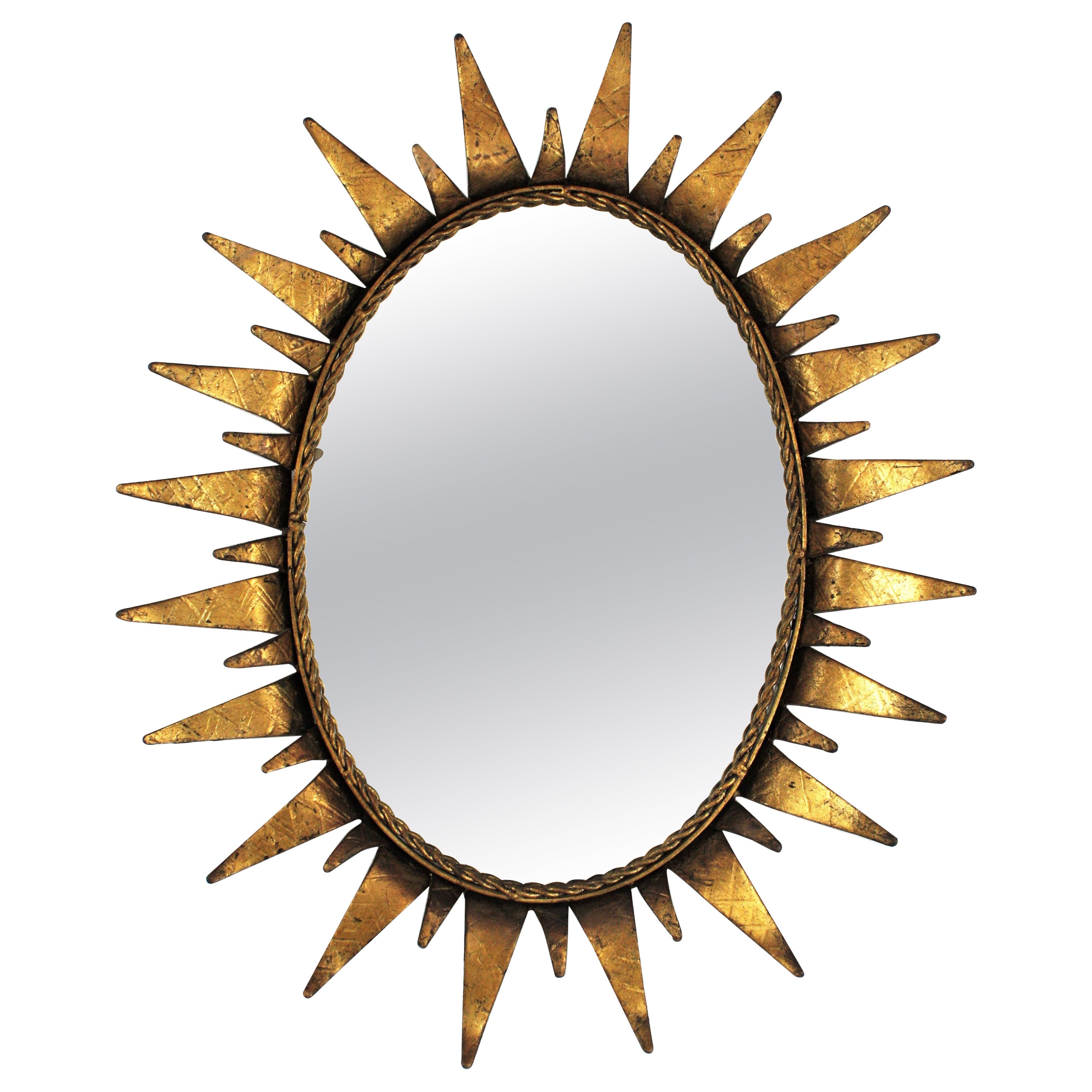 Sunburst Oval Mirror in Gilt Iron