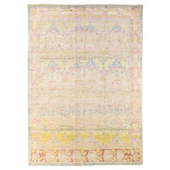 Modern Oushak Handmade Beige Floral Designed Wool Rug