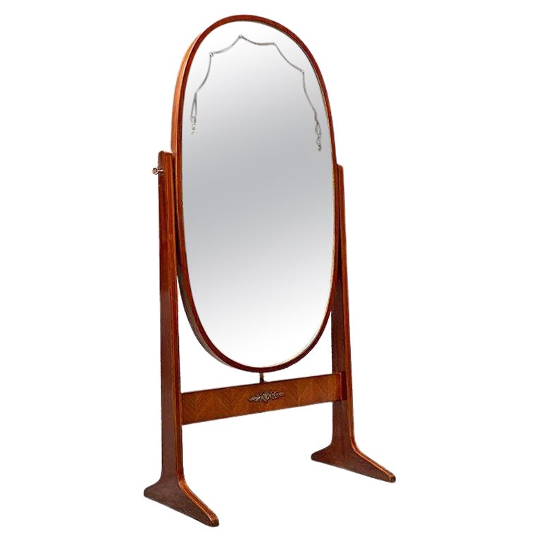 Italian Mid Century Free-Standing, Full Lenght, Oval Wood Floor Mirror, 1950s For Sale