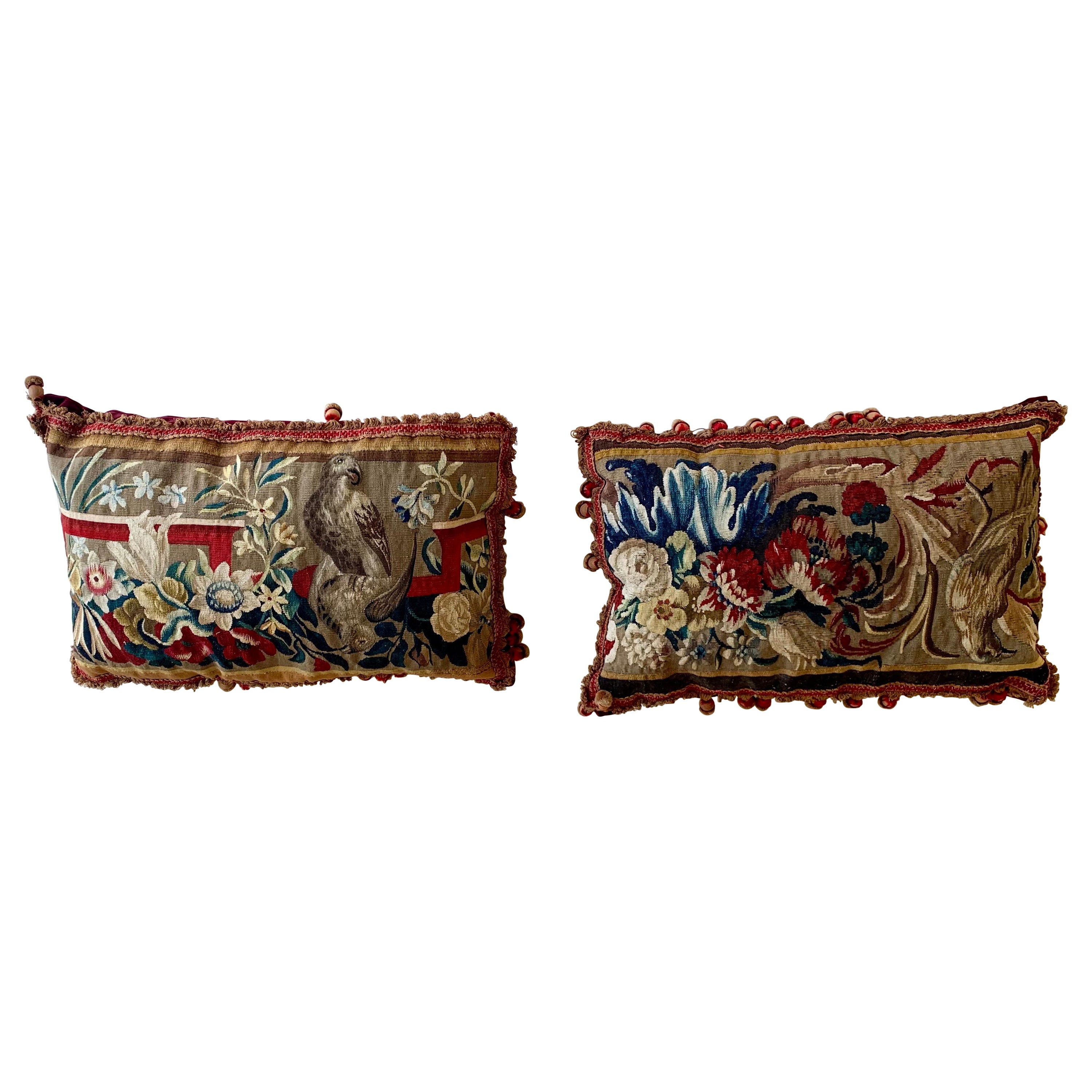 Pair of Shahkar Antique Pillows with Foliage and Petite Tassels