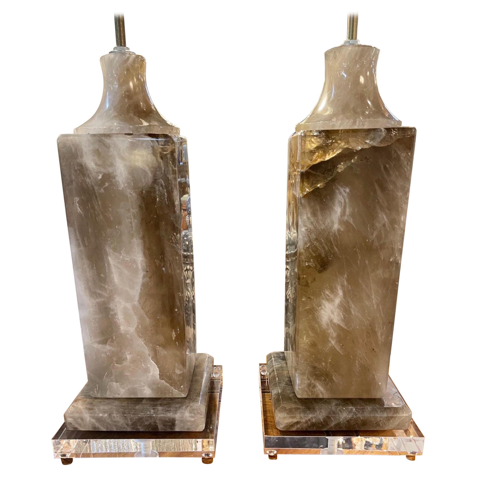 Pair Modern Polished Smoky Rock Crystal Lamps For Sale