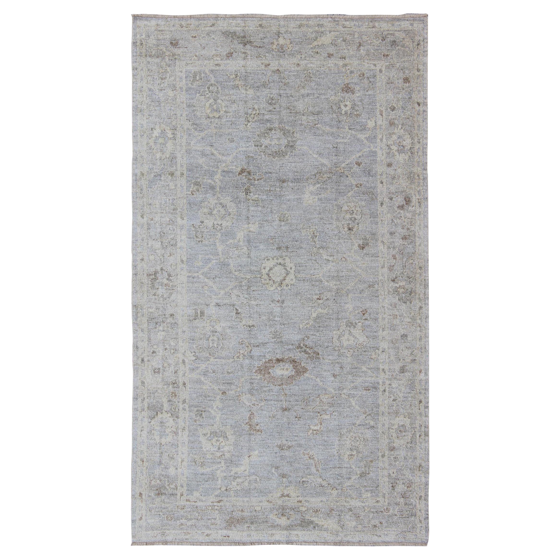 Angora Oushak Turkish Gallery Rug in Shades of Light Blue, Silver and Taupe