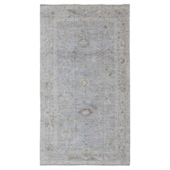 Angora Oushak Turkish Gallery Rug in Shades of Light Blue, Silver and Taupe