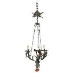 Italian Baroque Style Polychrome Painted Wrought Iron 3-Light Chandelier, 19thC.