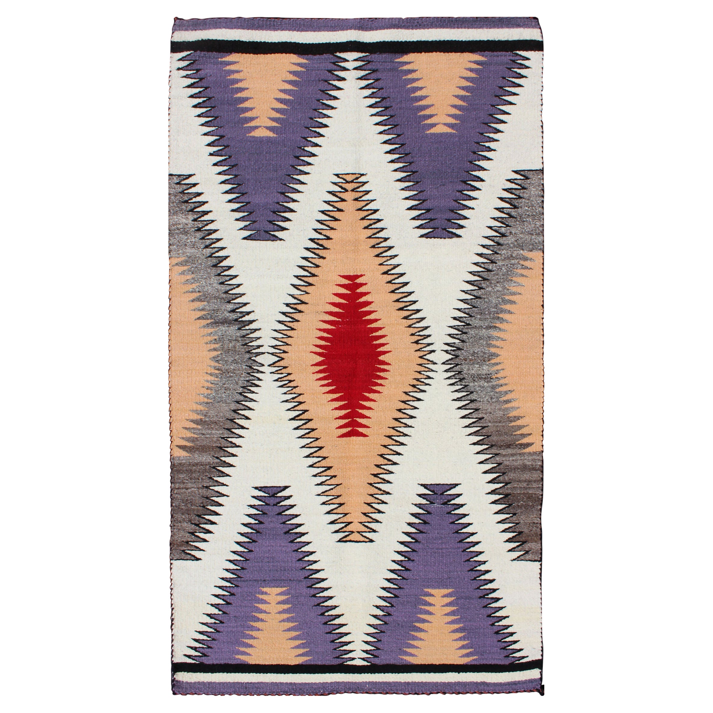 Navajo-Teppich in Violett, Grau, Elfenbein, Schwarz, Pfirsich, Lavendel und Rot
