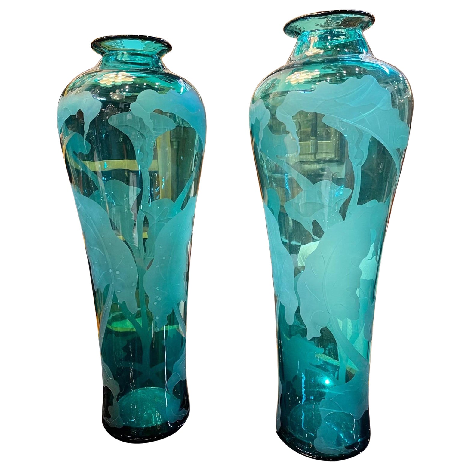 Pair of Vintage Large Scale Italian Green Glass Tulip Vases For Sale