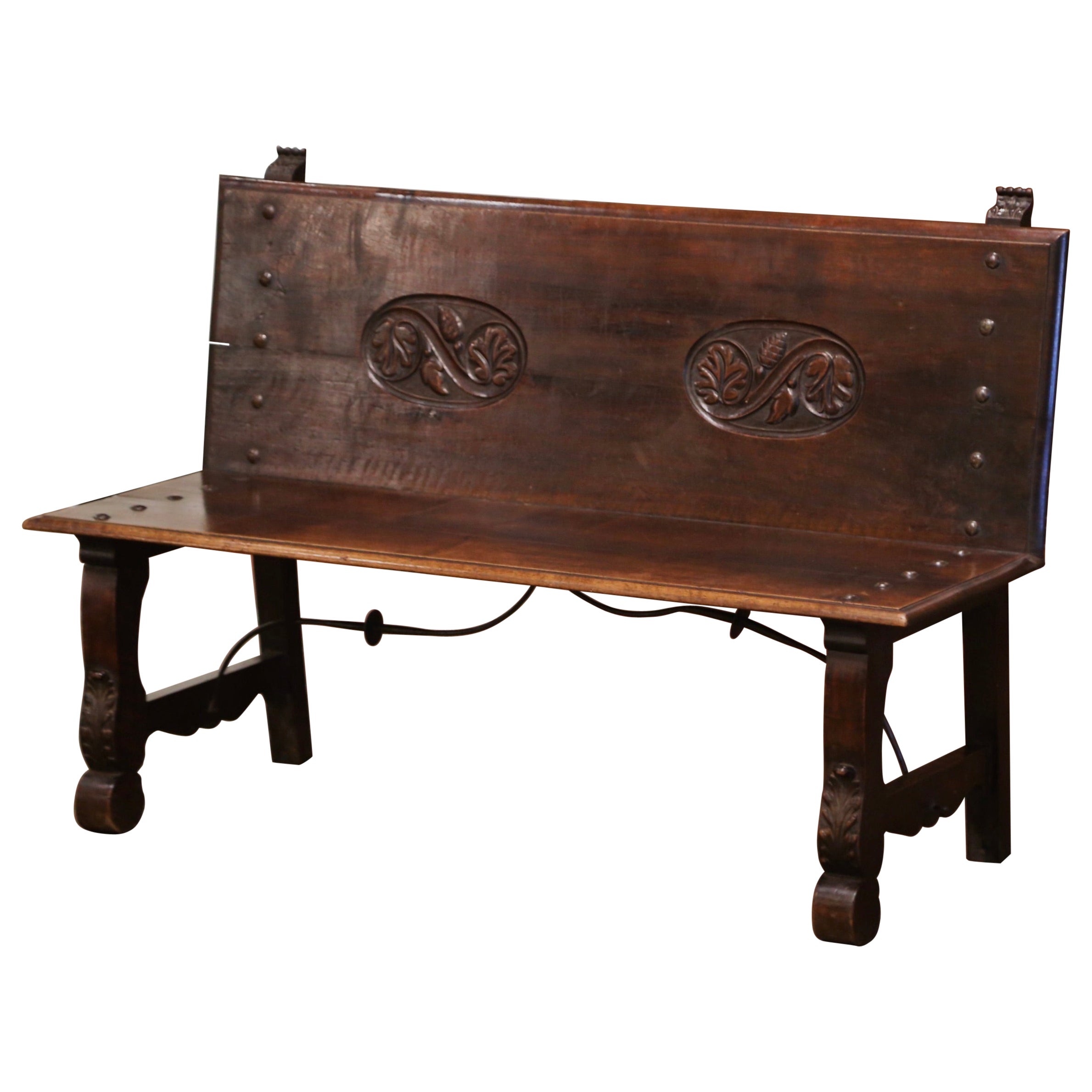 Spanish Carved Walnut and Stamped Leather Bench For Sale at 1stDibs