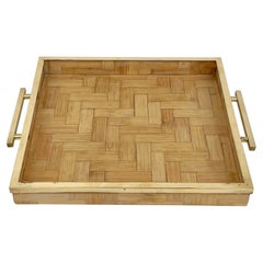 Retro Rattan and Brass Serving Tray attributed to Tommaso Barbi, Italy 1970s