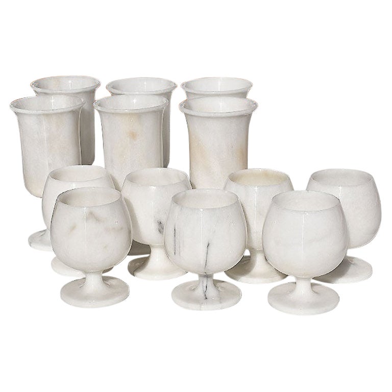 Vintage Italian Post Modern Carrara Marble Goblets or Wine Glasses, Set of 13 For Sale