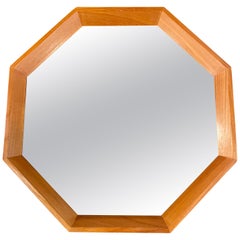 Vintage Danish Modern Solid Teak Beveled Edge Petite Octagonal Wall Mirror