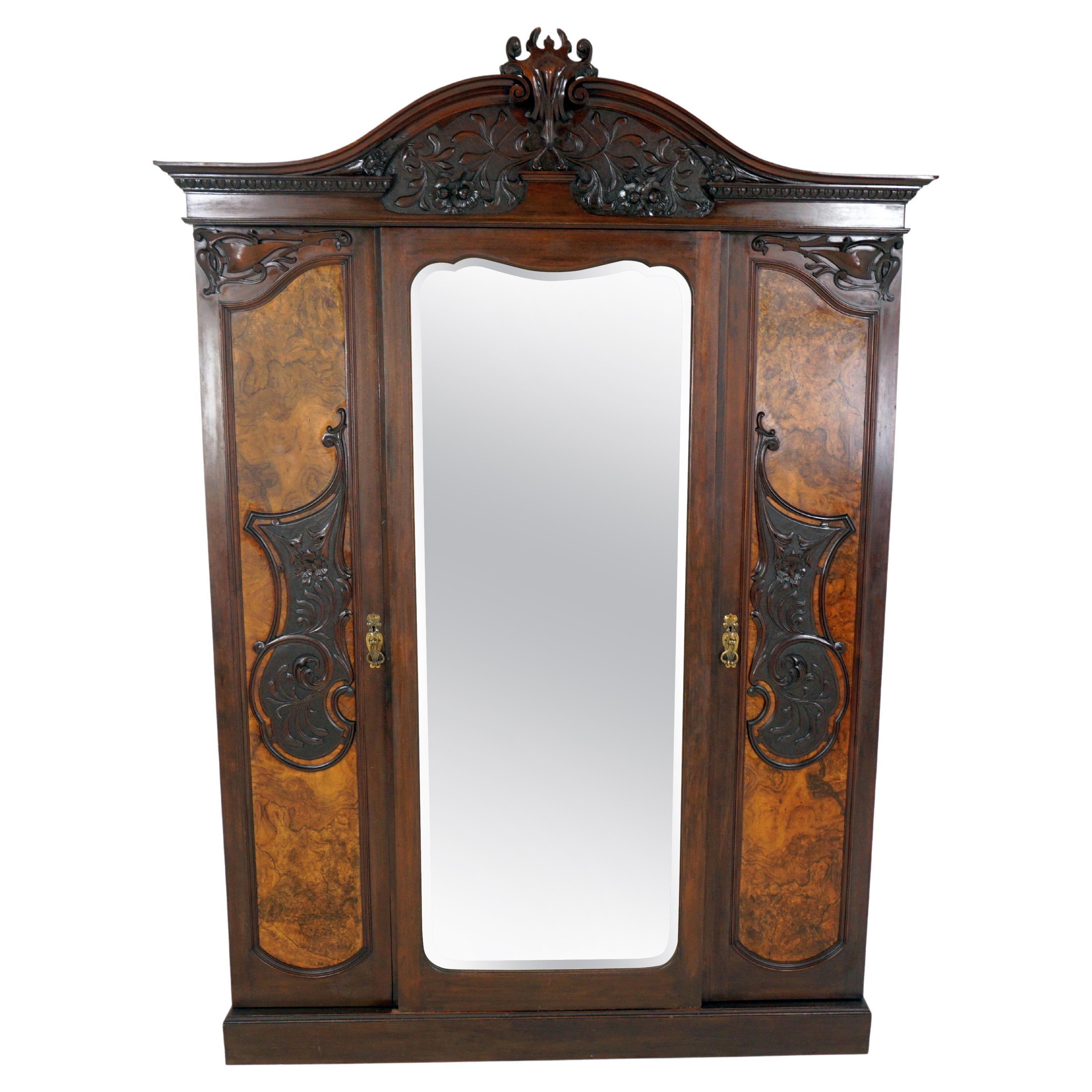 Victorian Carved Burr Walnut Mirror Door Armoire, Wardrobe, Scotland 1880, B2638