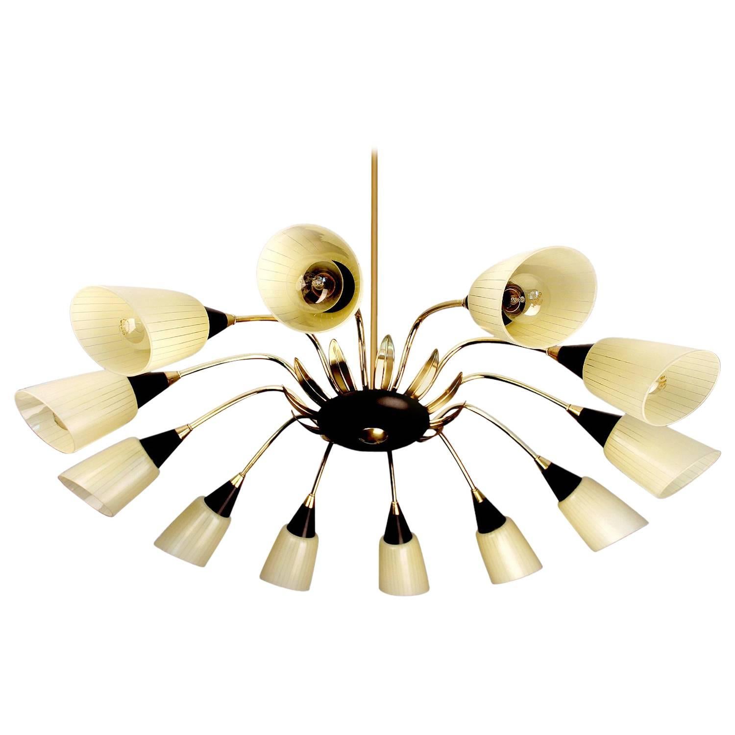 Very Large Sunburst Brass Glass Chandelier, 1950s Design Pendant