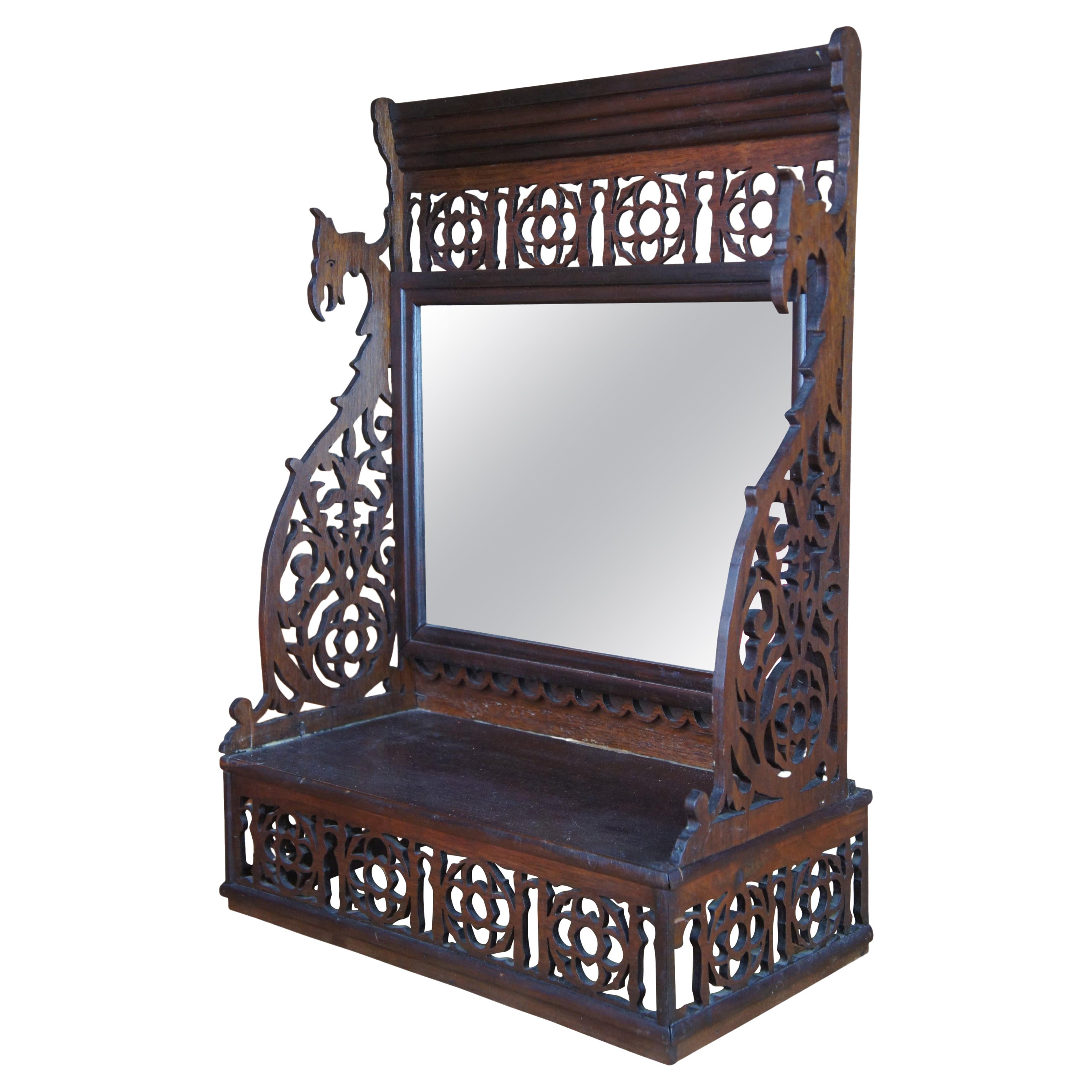 Mid-Century Ornate Reticulated Pierced Dragon Desktop Vanity Altar Shelf Mirror For Sale