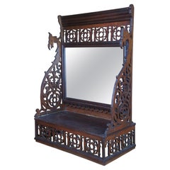 Mid-Century Ornate Reticulated Pierced Dragon Desktop Vanity Altar Shelf Mirror