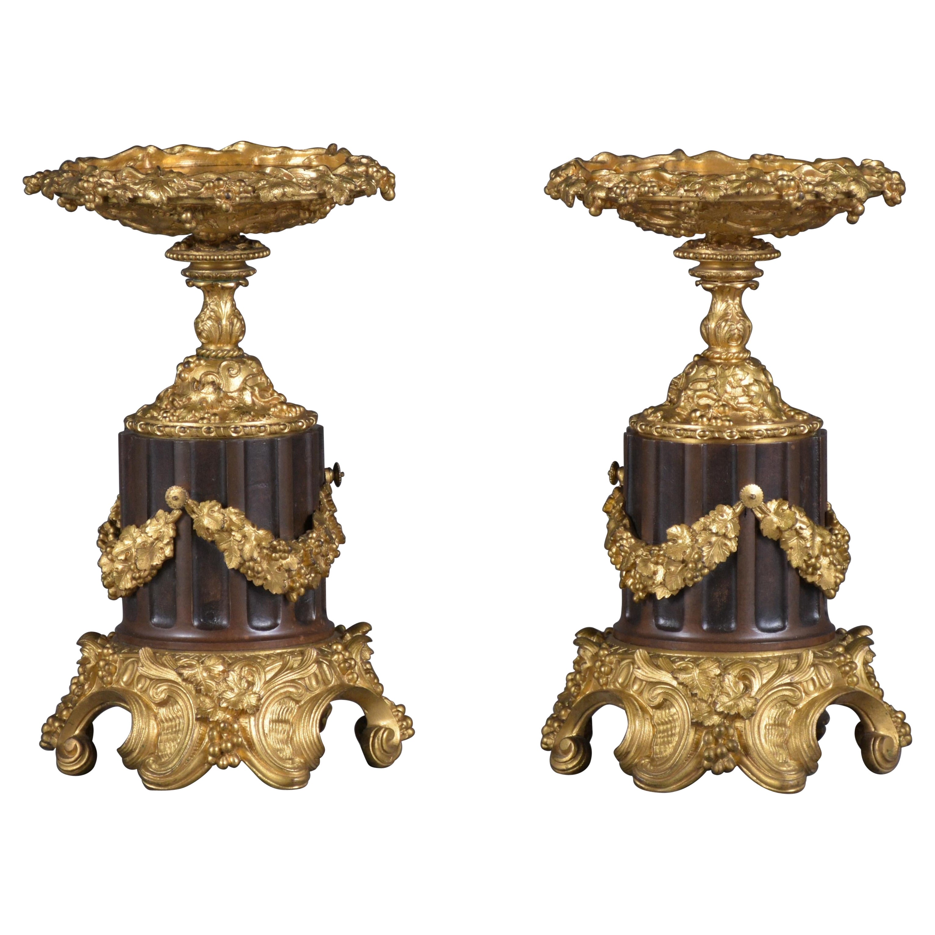 Elegant 19th-Century French Bronzed Urns with Gold Ormolu Details