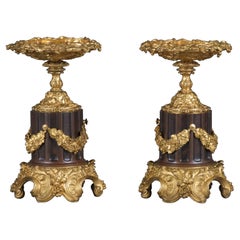 Antique Elegant 19th-Century French Bronzed Urns with Gold Ormolu Details