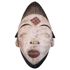 Ethnic 1990s African Hand Carved Wooden 3-Tone Ceremonial Tribal Mask