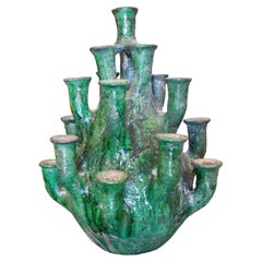 1990s Spanish Artistic Green Glazed Terracotta Ceramic Table Chandelier