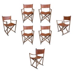 Set of Seven 1970s Spanish Leather & Wood Fire Inscribed Folding Chairs