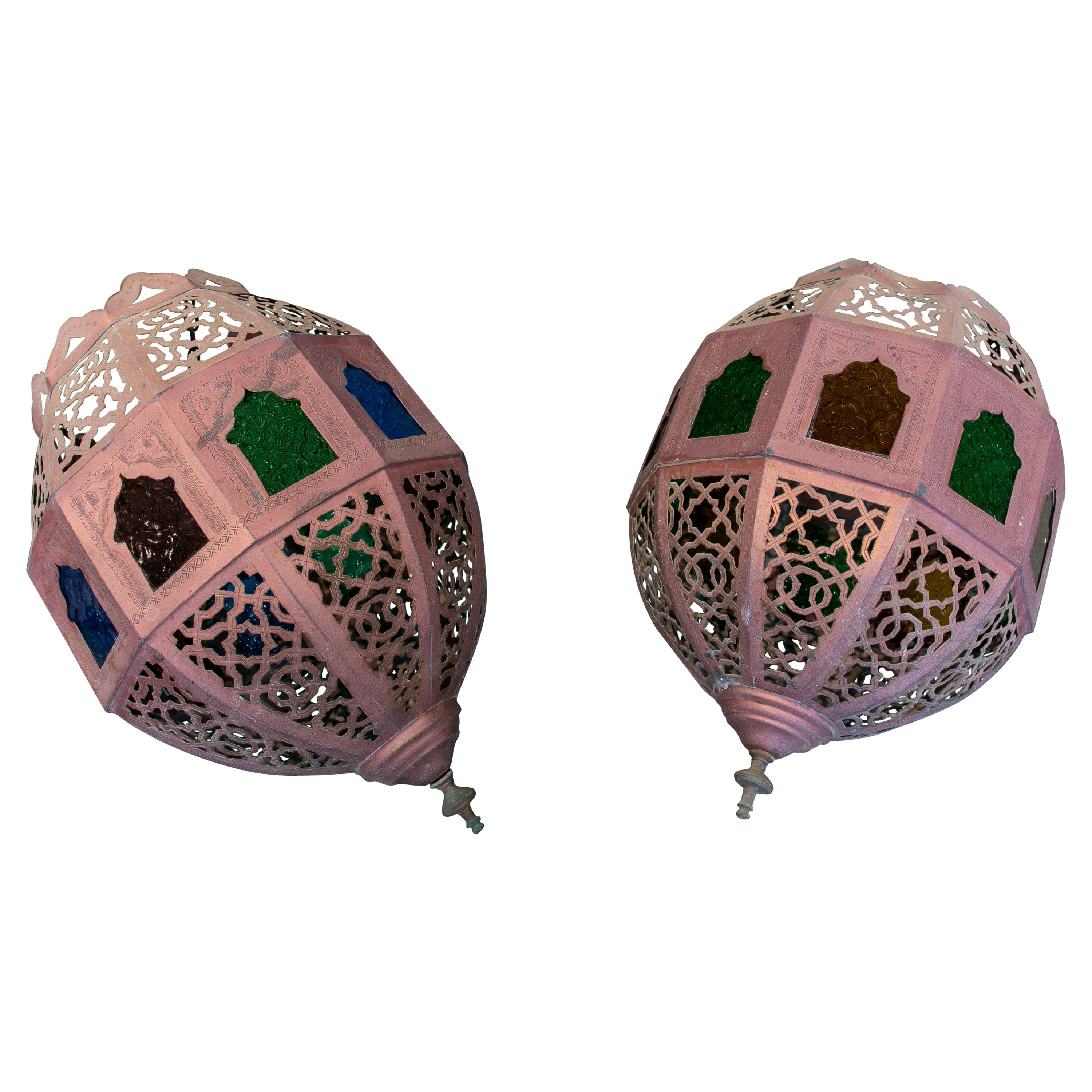 Pair of 1990s Moroccan Iron Hanging Lantern Lamps w/ Coloured Glass