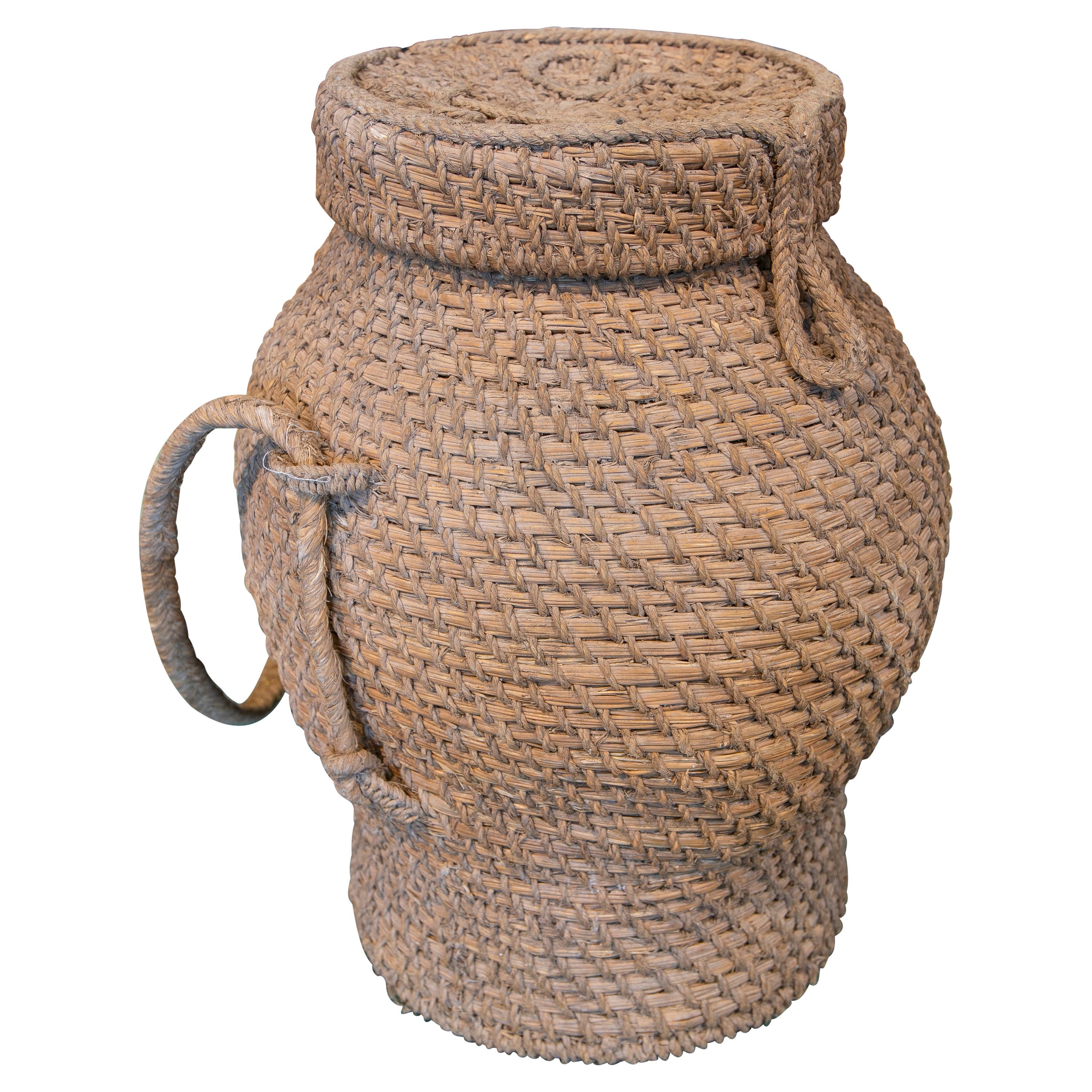 Rustic 1970s Spanish Handwoven Woven Wicker & Bulrush Vase Jar w/ Lid For Sale