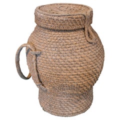 Vintage Rustic 1970s Spanish Handwoven Woven Wicker & Bulrush Vase Jar w/ Lid