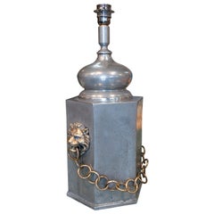 1980s Spanish Pewter & Bronze Table Lamp w/ Lion Head Macaroons