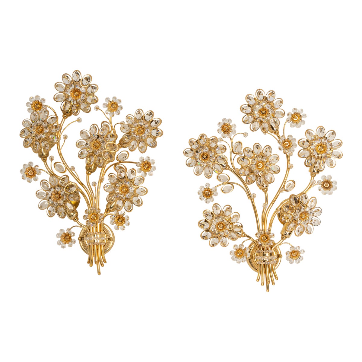 Pair of Large Gilt Brass Flower Shape Wall Lights by Palwa, Germany, 1970s