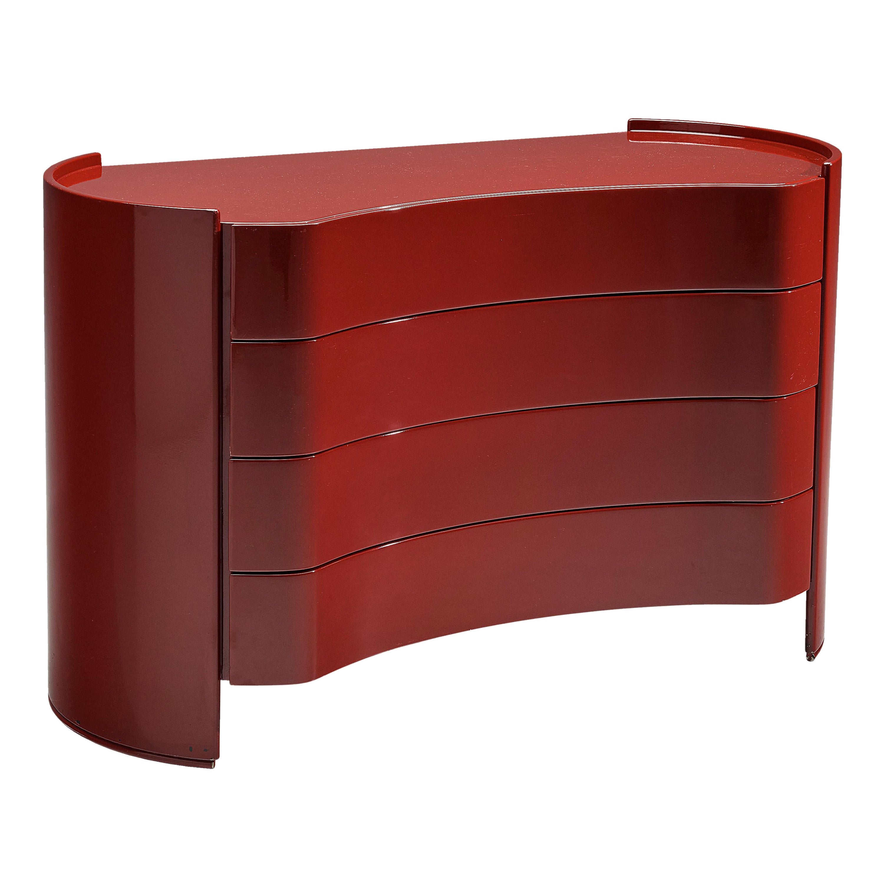 Curved Italian 'Aiace' Chest of Drawers in Red Lacquered Wood by Benatti
