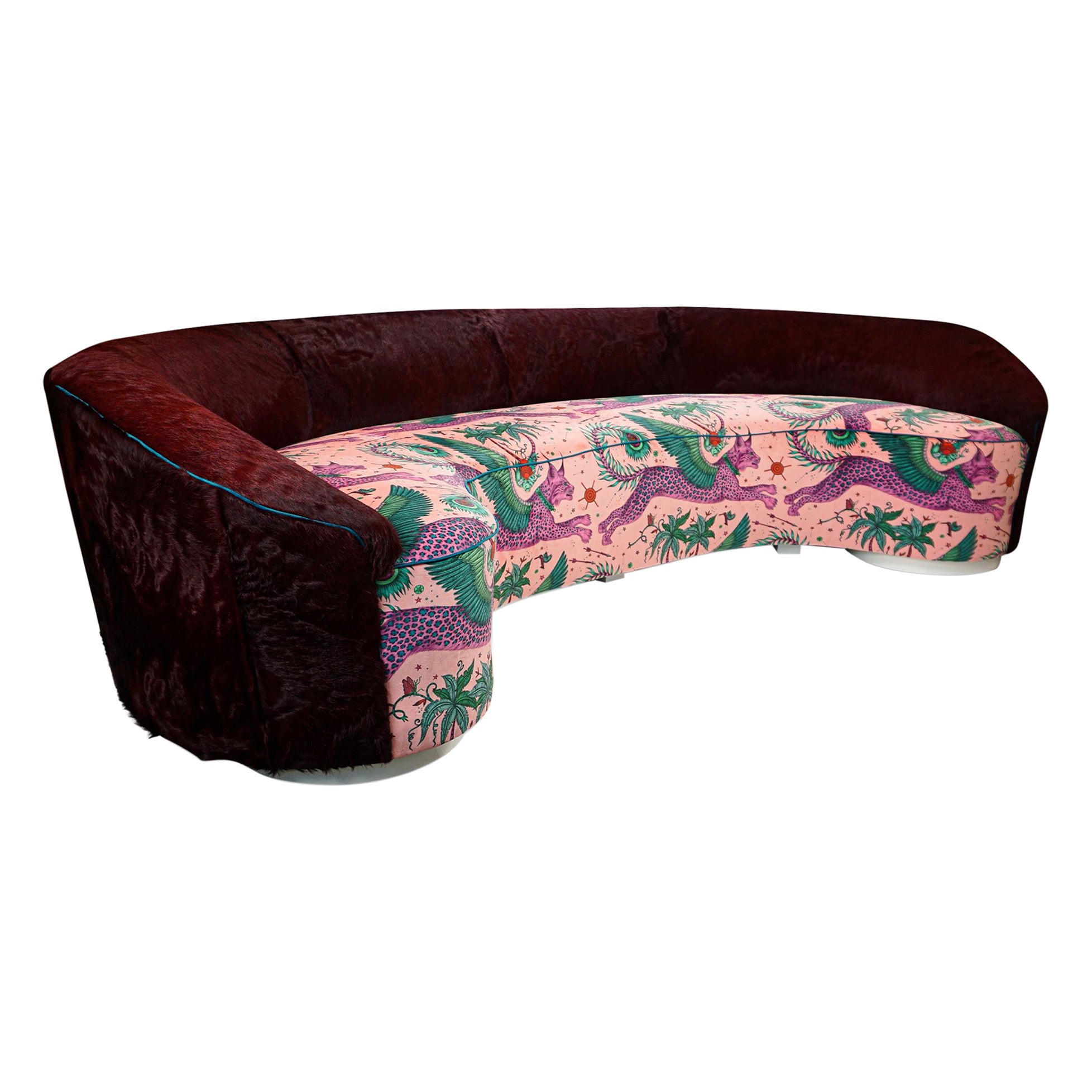 Curved Sofa with Oxblood Cowhide and Fantastical Printed Velvet, Slope Arm For Sale