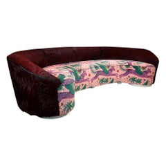 Curved Sofa with Oxblood Cowhide and Fantastical Printed Velvet, Slope Arm