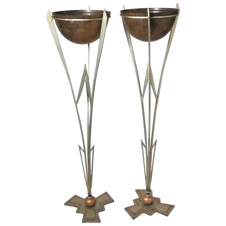 Pair of Art Deco Iron and Copper Plant Stands Attributed to Warren MacArthur For Sale